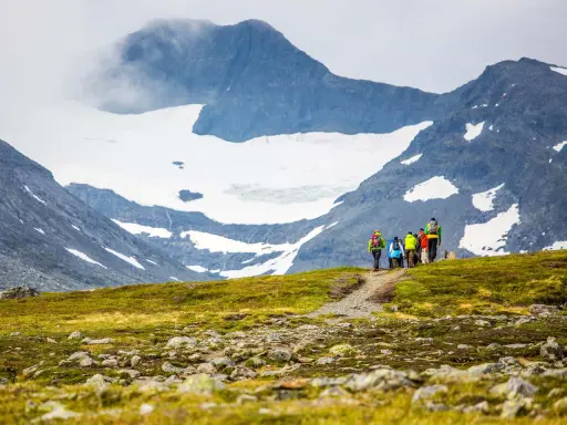 Vandrare med ryggsäckar går längs en stig med glaciärklädda sylarna runt.