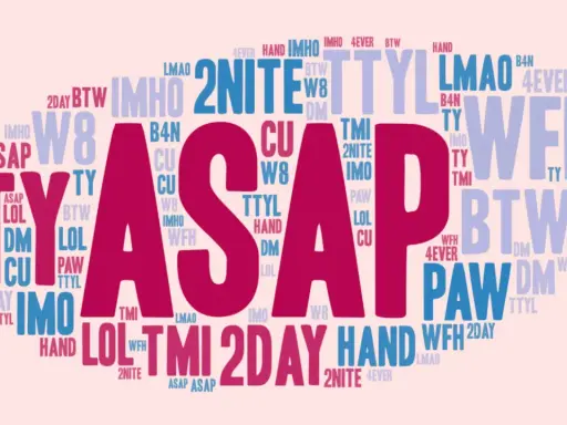 ASAP! Obraz to chmura słów z popularnymi skrótami w angielskim, takimi jak LOL, TTYL, BTW, IMHo, WFH, 2DAY, B4N, CU, DM, LMAO, PAW, TMI, 4EVER, IMO, TY, W8, HAND, 2NITE.