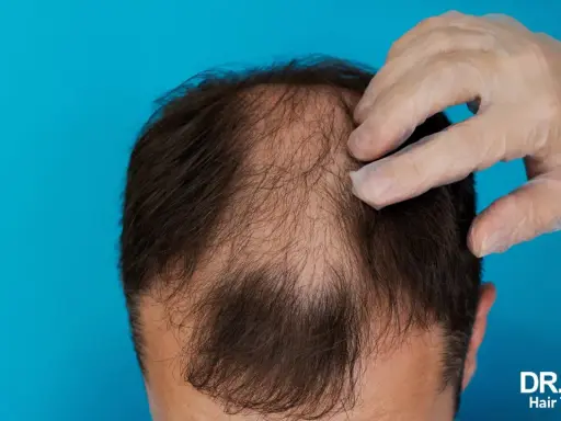 Main d'un médecin examinant une perte de cheveux. Une solution pour la perte de cheveux due à la thyroïde.