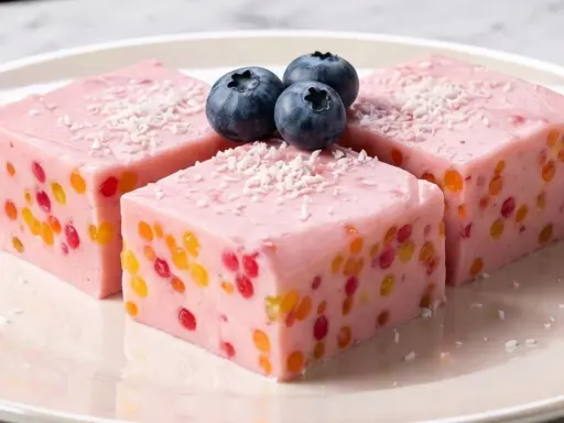 Różowy deser owocowy z kolorowymi kuleczkami i borówkami na talerzu.