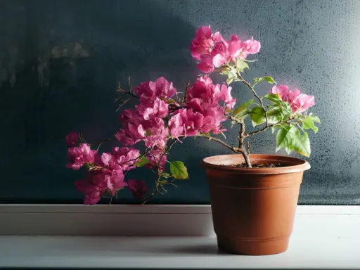 Un bougainvillier aux fleurs roses éclatantes, prêt pour son rempotage, sur un rebord de fenêtre.