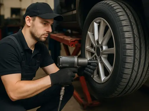 Meccanico con avvitatore pneumatico lavora su una ruota. Le gomme 4 stagioni fanno tanti km, ma la manutenzione è fondamentale.