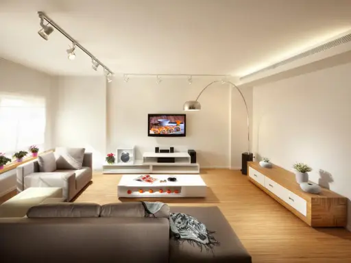 Un salón moderno con sofás grises, mesa de centro blanca y TV. La iluminación, con focos en riel y lámpara de arco, es clave para como iluminar un salón.