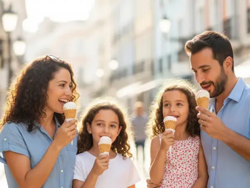 Familia disfrutando de helados en un paseo soleado, una escena perfecta de Oviedo con niños.