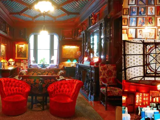 The National Arts Club features opulent interiors with red velvet chairs, ornate woodwork, and a stunning stained-glass ceiling.
