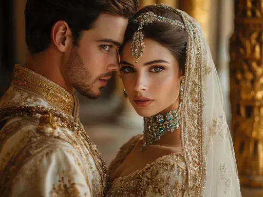 Coppia in abiti sontuosi, con la donna adornata da gioielli preziosi, evoca l'eleganza di matrimoni morganatici famosi.