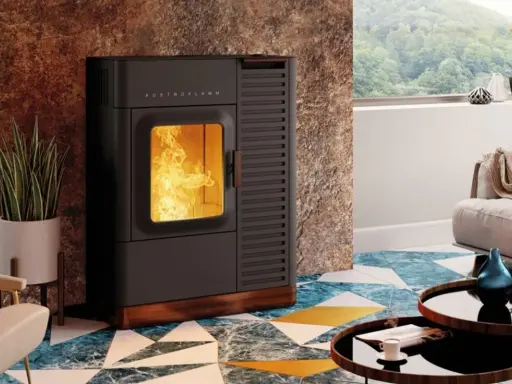 Poêle à granulés sans électricité, créant une ambiance chaleureuse avec ses flammes vives. Un design moderne pour un confort durable.