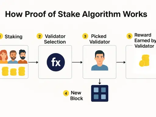 Schemat wyjaśnia, proof of stake co to: staking, wybór walidatora, nowy blok i nagroda dla walidatora.