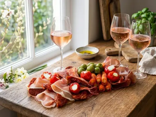 En härlig middag valborg med rosévin, charkuterier, oliver och fyllda paprikor på ett rustikt träbord.