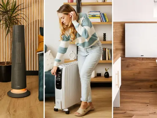 Różne rodzaje grzejników elektrycznych: wieżowy, olejowy z panelem sterowania, ścienny.