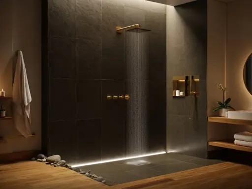 Un'elegante doccia muratura senza vetro, con finiture dorate e un soffione a pioggia. L'illuminazione soffusa crea un'atmosfera rilassante.