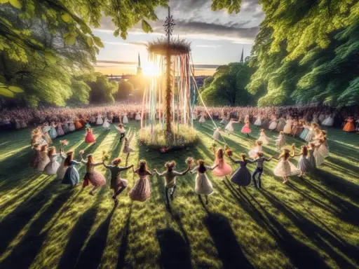 Midsommarfirande i Stockholm med folkdans runt en majstång i solnedgången.