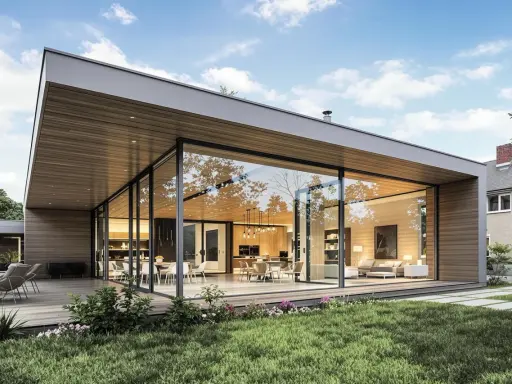 Une extension maison contemporaine avec de grandes baies vitrées, une terrasse en bois et un jardin verdoyant. L'intérieur lumineux révèle un salon et une cuisine modernes.