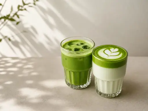 Dwa orzeźwiające napoje matcha w szklankach. Jeden z lodem, drugi z pianką i wzorem. Idealny matcha przepis na lato.