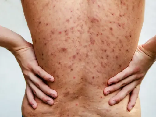 Plecy pokryte licznymi, czerwonymi i ciemnymi zmianami skórnymi, wskazującymi na trądzik piorunujący. Dłonie opierają się na biodrach.