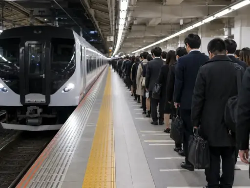 Kolejka ludzi na peronie w Japonii, oczekujących na pociąg. To jeden z wielu fascynujących faktów i ciekawostki o Japonii, gdzie punktualność i porządek są na pierwszym miejscu.