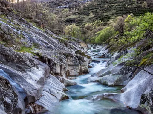 Un río de aguas cristalinas serpentea entre rocas pulidas y vegetación exuberante. Un paisaje idílico que evoca la frescura del verano en Extremadura.