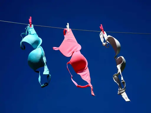 Tre reggiseni colorati (blu, rosa, bianco) stesi ad asciugare al sole. Forse non portare il reggiseno fa crescere il seno, ma l'aria aperta li fa asciugare bene!