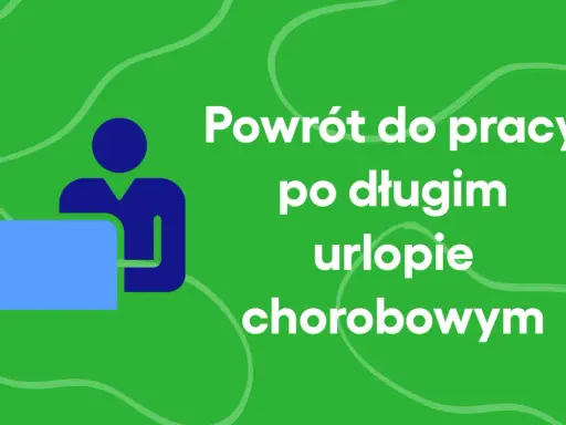 Powrót do pracy po długim urlopie chorobowym. Ikona osoby przy laptopie na zielonym tle.