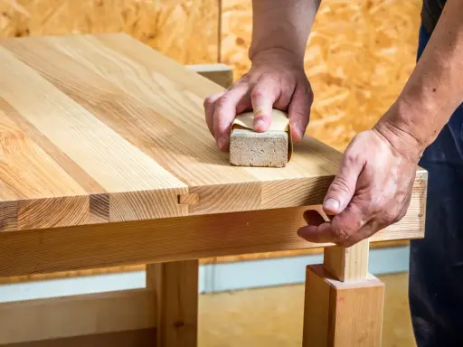 Un artisan utilise un bloc de ponçage pour comment poncer un plan de travail en bois, révélant la beauté naturelle du grain.