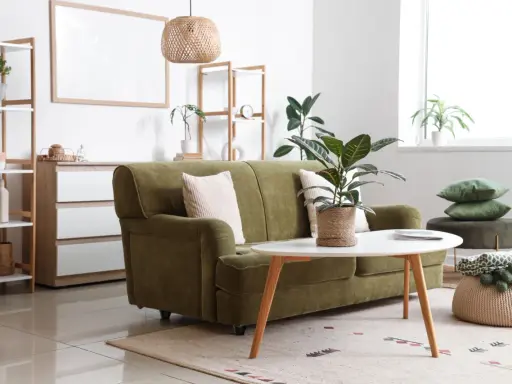 Aménagement petit studio : canapé vert, table basse ovale, étagères et plantes vertes créent un espace cosy et fonctionnel.
