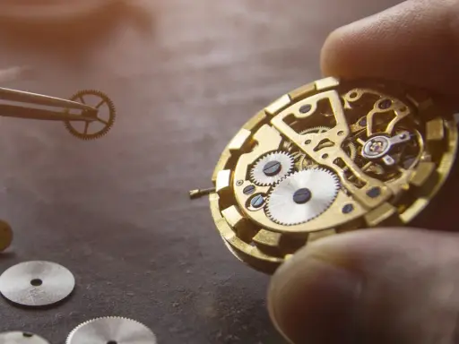 Un orologiaio assembla i componenti di un orologio meccanico, mostrando ingranaggi e molle dorate.
