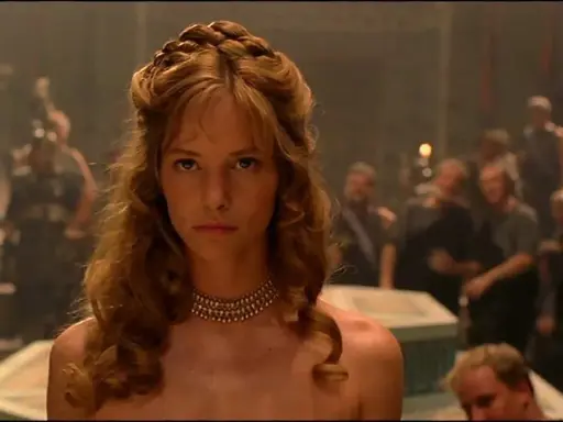 Die schöne Helena, Menelaos' Frau, blickt ernst in die Menge. Ihr Haar ist kunstvoll geflochten, ein goldenes Halsband schmückt ihren Hals.