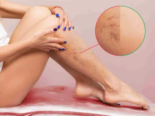 Gambe con teleangectasie, un possibile segno di trombofilia genetica. L'immagine mostra un dettaglio ingrandito delle vene superficiali.