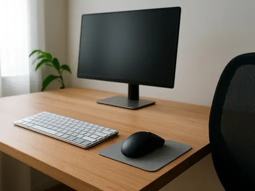 Bureau en bois avec écran, clavier, souris et tapis. Un fauteuil de bureau noir est visible. L'ergonomie travail sur écran est essentielle pour le confort.