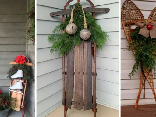 Idées de décoration Noël extérieur à faire soi-même : skis anciens, traîneau vintage, raquettes ornées de verdure et de cloches.