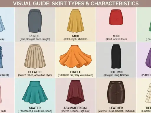 A visual guide showcasing various types of skirts, from A-line and pencil to bubble and tiered styles, offering a comprehensive look at skirt silhouettes.
