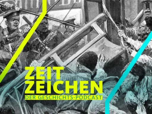 Illustration zeigt Soldaten, die auf Demonstranten schießen, eine Szene, die an den Petersburger Blutsonntag erinnert. "Zeit Zeichen" ist als Geschichts-Podcast hervorgehoben.
