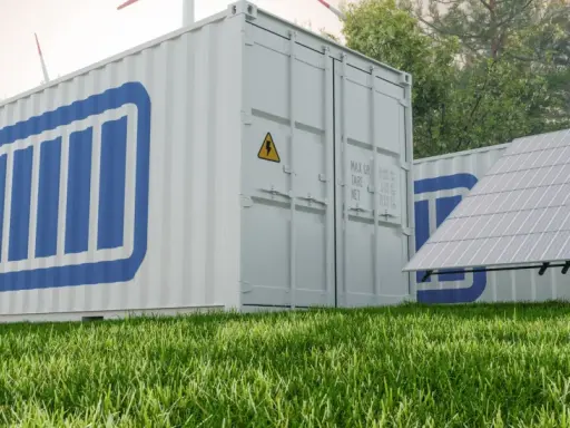 Container mit Batteriesymbol, Solarpanels und Windrädern. Löst das erneuerbare energien speicherproblem.