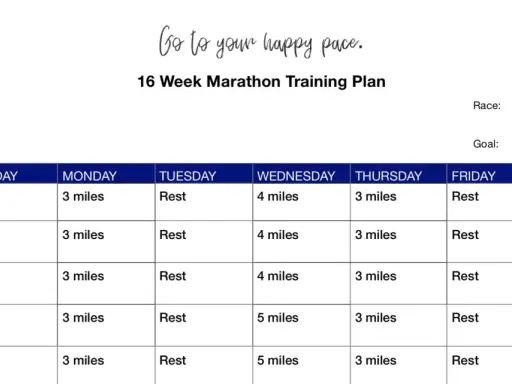 Ein 16-Wochen-Marathon-Trainingsplan mit täglichen Laufdistanzen und Ruhetagen. Perfekt für dein Marathon-Training!