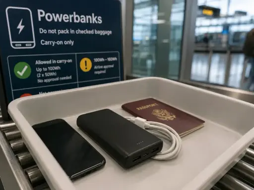 Na tacy do kontroli bezpieczeństwa leżą powerbank, telefon i paszport.