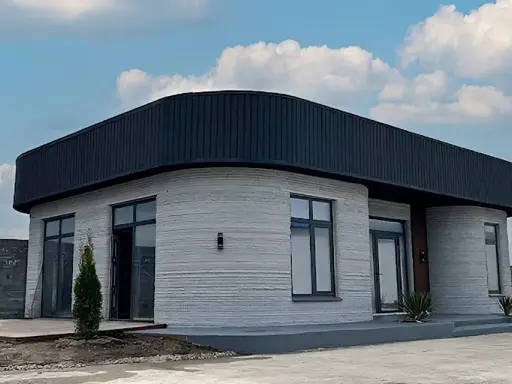 Ein modernes 3d druck haus mit runden Ecken und einem dunklen Dach steht unter einem blauen Himmel mit Wolken.