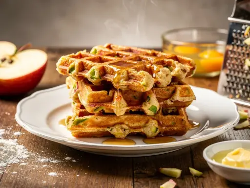 Pile de gaufres dorées, nappées de sirop, avec des morceaux de pomme et des ingrédients pour une recette gaufre parfaite.