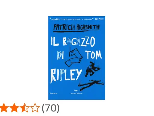 Copertina del libro "Il ragazzo di Tom Ripley" di Patricia Highsmith, uno dei suoi migliori libri, con un design grafico stilizzato e una citazione da The Times.
