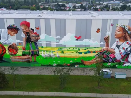Kolorowe murale w Polsce: dzieci w strojach ludowych zbierają jabłka na tle sielskiego krajobrazu, dziewczynka z psem dmucha dmuchawiec.