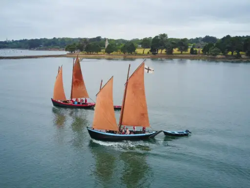 Drei traditionelle Segelboote mit orangefarbenen Segeln auf dem Wasser vor der Küste der Bretagne.