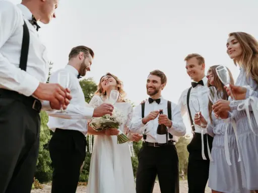 Pan młody i świadek świętują z panną młodą i druhnami. Wszyscy trzymają kieliszki, a jeden z panów otwiera butelkę szampana.