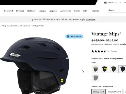 Ciemnogranatowy kask narciarski Smith Vantage Mips z widocznym logo Smith i Mips.