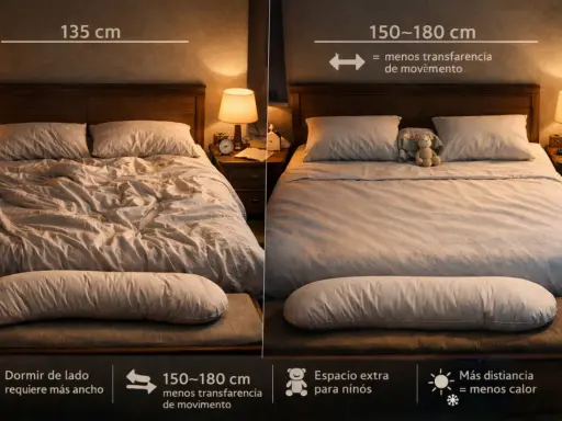 Comparativa de medidas de colchones: 135 cm para dormir de lado, 150-180 cm para menos transferencia de movimiento y espacio extra.