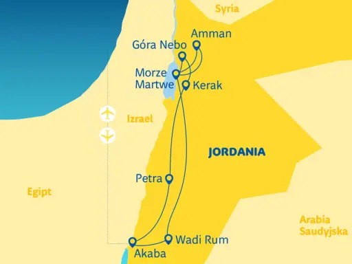 Mapa pokazuje, gdzie leży Jordania, z zaznaczonymi miastami: Amman, Kerak, Petra, Wadi Rum i Akaba. Widać też Morze Martwe i Górę Nebo.