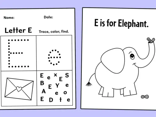 Foglio didattico con lettere disegni con la E: una grande E puntinata, una piccola E puntinata, una busta con cuore, lettere sparse e un elefante che mangia arachidi.