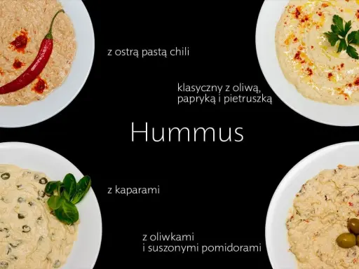 Hummus z ciecierzycy: pikantny z chili, klasyczny z papryką, z kaparami, oliwkami i suszonymi pomidorami.