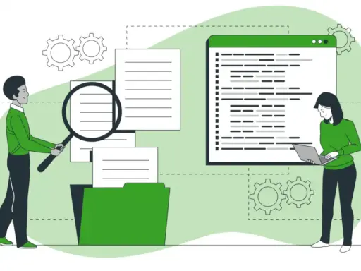 Uomo con lente d'ingrandimento analizza documenti, donna lavora al laptop. Ricerca di piattaforme e-learning gratuite.