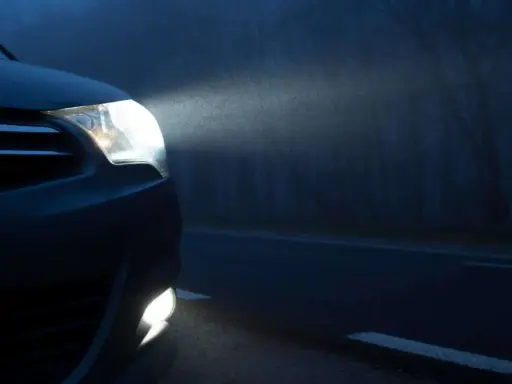 El alumbrado de posición de un coche ilumina la niebla en una carretera oscura.
