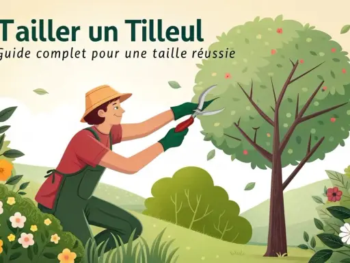 Un jardinier taille un tilleul adulte avec des sécateurs, entouré de fleurs et de verdure.