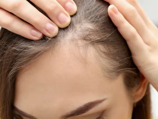 Delikatne baby hair przy linii czoła, widoczne na zbliżeniu.